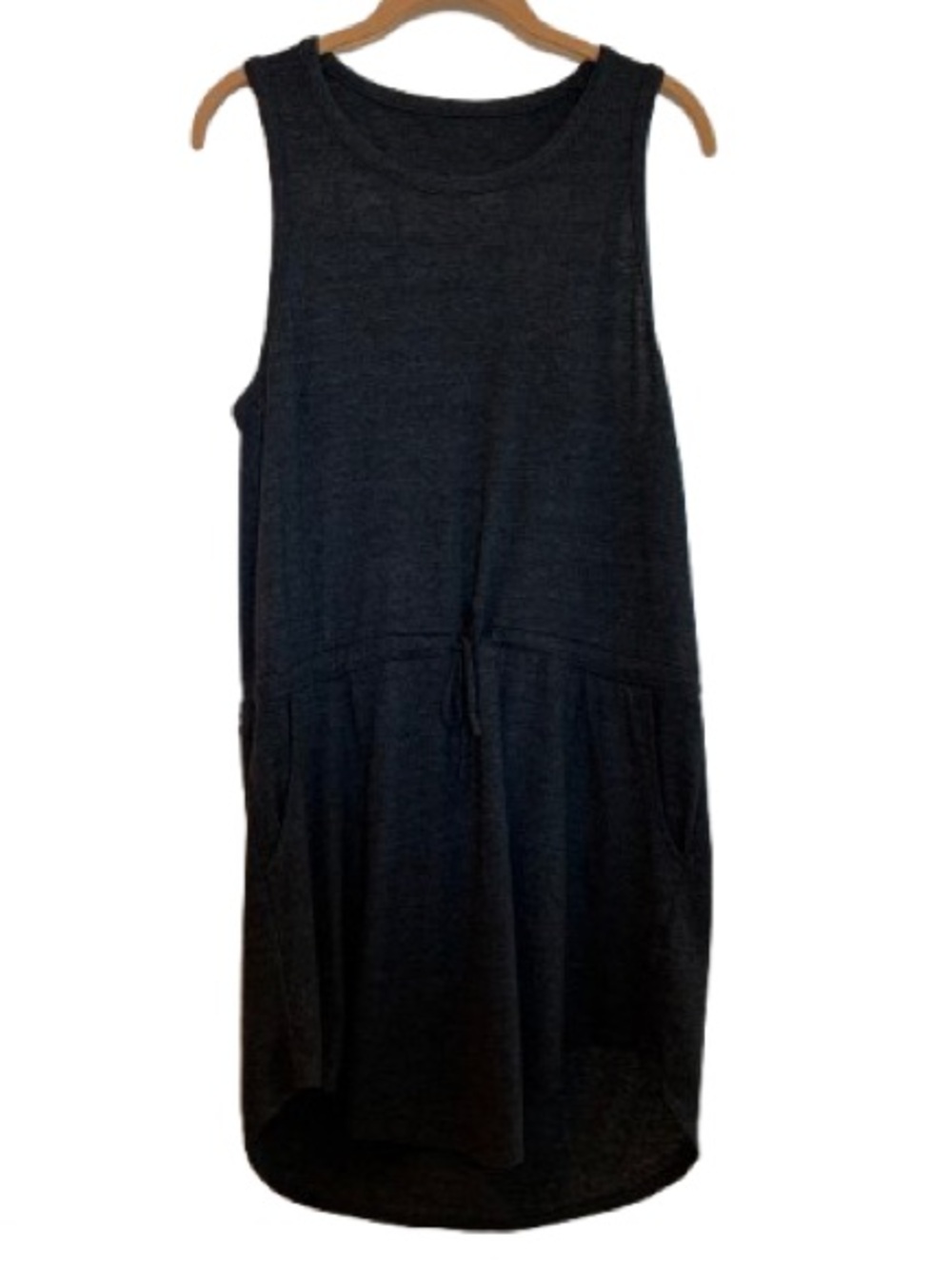CHASOR Tank Dress Charcoal Gray Drawstring Pockets Lattice Back High Low Hem L - Picture 4 of 16